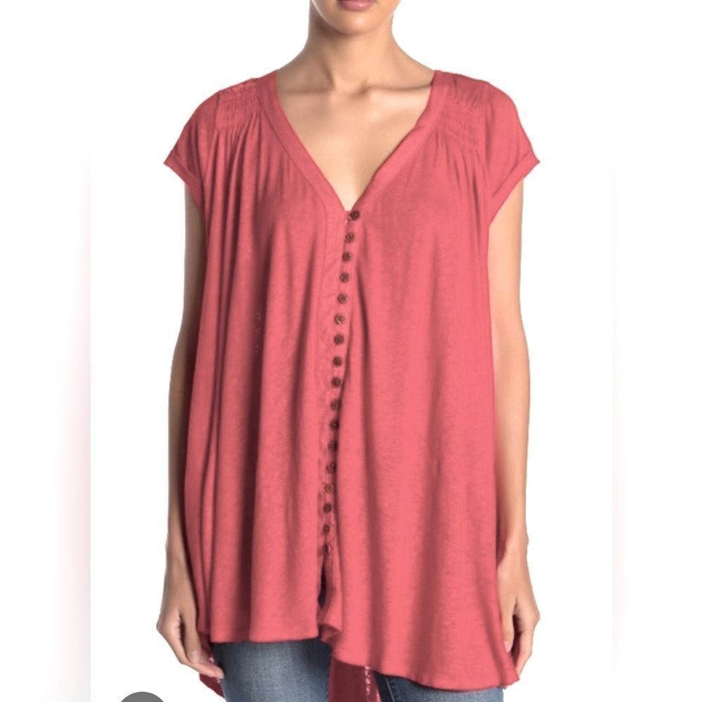 Free People/Anthropologie Highland Button Front Tee oversized watermelon hi lo
